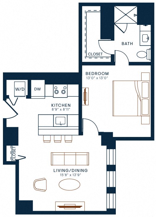 Floor plan for 1 bed, 1 bath, 716 sqft